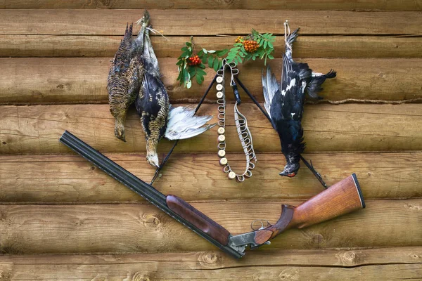 Three downed grouses and hunting equipment hang on the log wall — Stock Image Three downed grouses and hunting equipment hang on the log wall Royalty Free Stock Images
