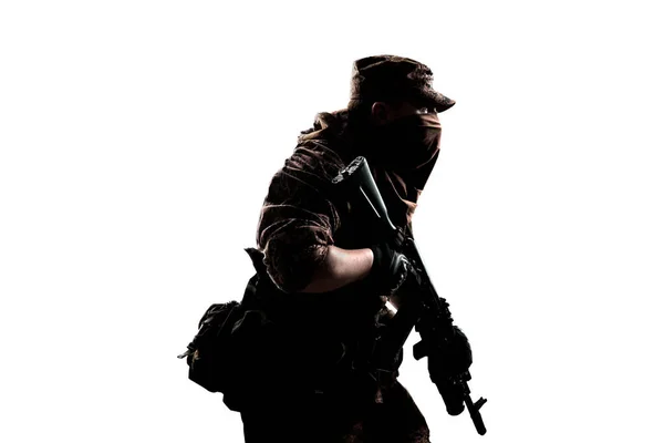 Pria Dengan Seragam Infanteri Mekanis Ditembak Studio Terisolasi Dengan Tapak Stok Foto