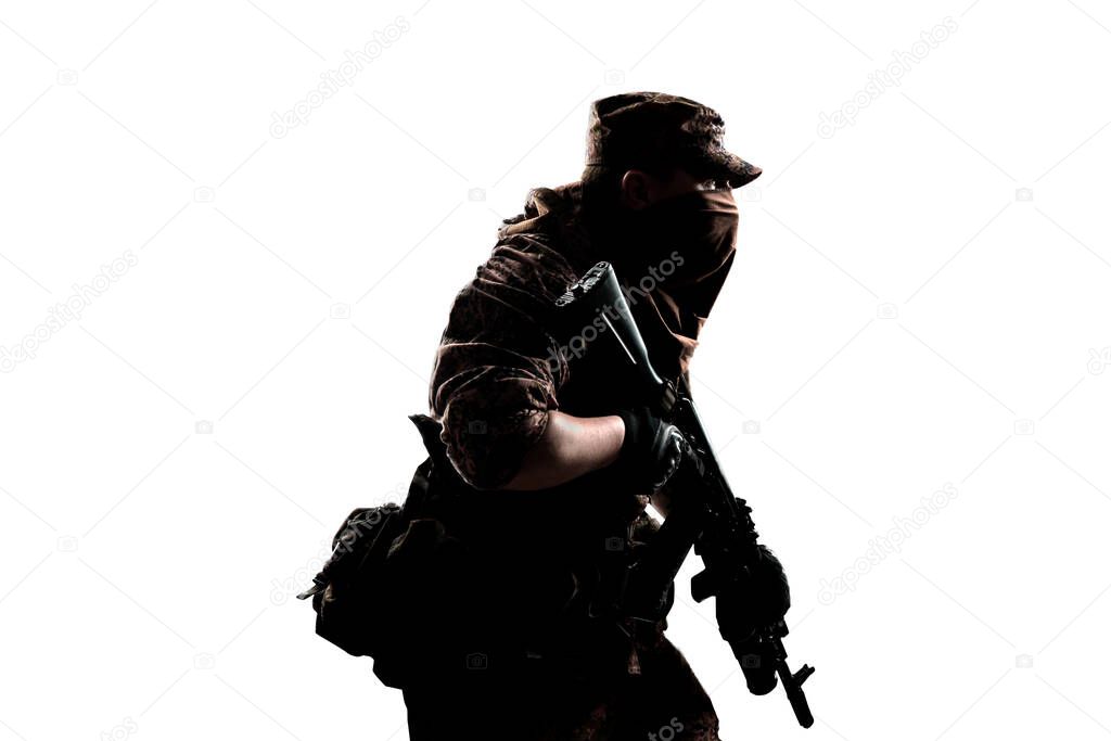 Male in mechanized infantry uniform. Shot in studio. Isolated with clipping path on white background