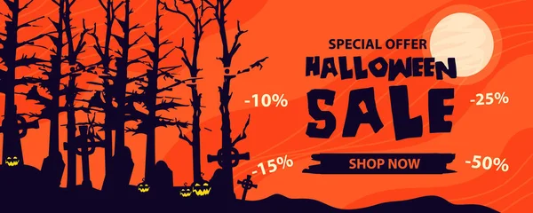 Halloween Sale Banner Halloween Background Tombstones Pumpkin Monster Haunted House — Stock Vector