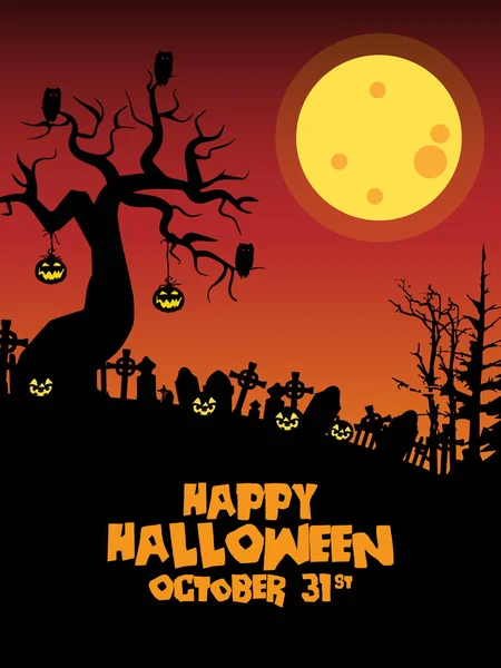 Banner Venda Halloween Fundo Halloween Com Lápides Abóbora Monstro Casa — Vetor de Stock