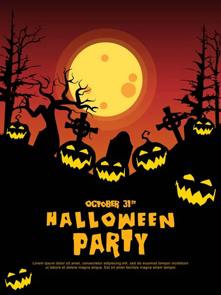 Cadılar Bayramı indirimi afişi. Mezar taşları, balkabağı, canavar, perili ev ve dolunay olan cadılar bayramı geçmişi. Cadılar Bayramı partisi için davetiye ya da şablon. Siluet Vektör illüstrasyonu.