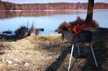 Izgara güzel bir göle zemin karşı ateş yakar.