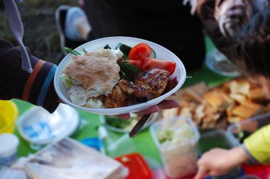 İnsanlar piknik üzerinde gıda plakaları - yukarıdan görünüm koymak.