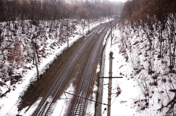 Winter City Landscape Snow Covered Railway Forest — Stock fotografie