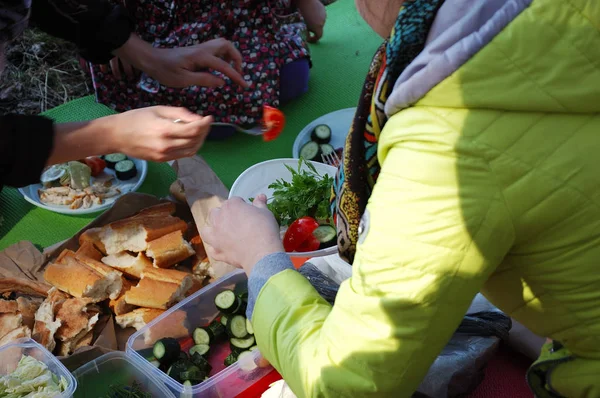 Люди Пікніку Кладуть Їжу Тарілки Вид Зверху — стокове фото