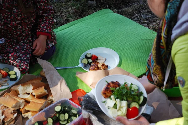 Pessoas Piquenique Põem Comida Chapas Uma Visão Cima — Fotografia de Stock