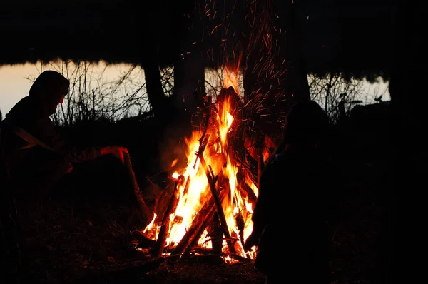 A large bonfire in the dark at night in the forest.