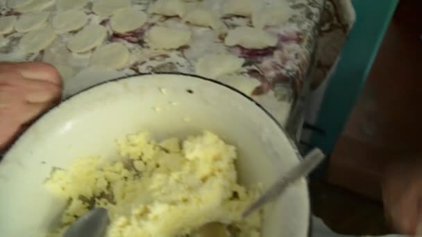 一个女人用奶酪做了很多饺子 — 图库视频影像