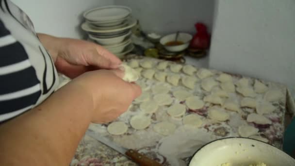 Μια Γυναίκα Κάνει Πολλά Ζυμαρικά Τυρί Cottage — Αρχείο Βίντεο