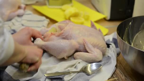 Μαρινάρισμα Και Μαγειρεύοντας Κοτόπουλο Για Ψήσιμο — Αρχείο Βίντεο