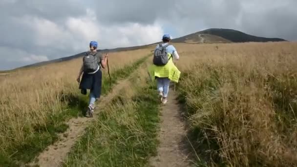 Τουριστική Κορίτσια Πηγαίνουν Κατά Μήκος Της Διαδρομής Του Βουνού Στα — Αρχείο Βίντεο