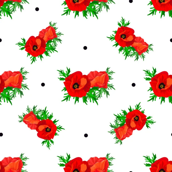 Kırmızı Poppies Yeşil Yaprakları Beyaz Bir Arka Plan Üzerinde Siyah — Stok Vektör