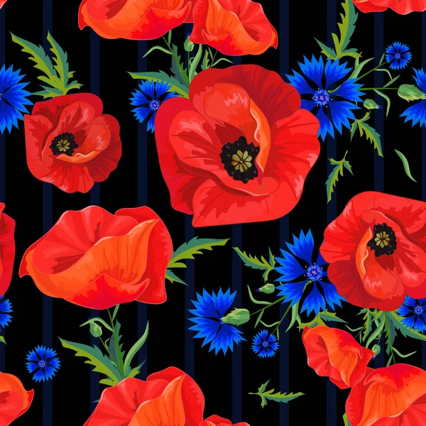 Roter Mohn und blaue Kornblumen — Stockvektor