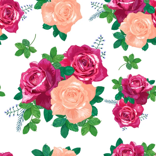 Beautiful Floral Seamless Pattern Red Pink Roses Green Leaves White — стоковый вектор