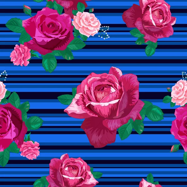 Vzor Bezešvé Růžovou Červenou Krásné Růže Listy Pozadí Tmavě Modré — Stockový vektor