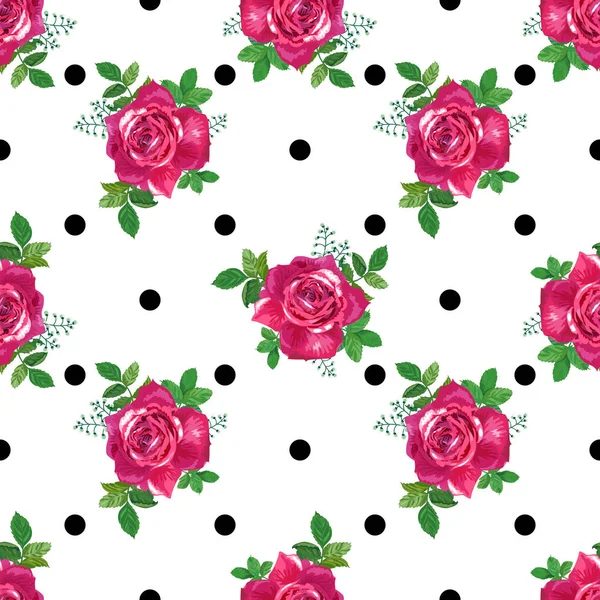 Motif Sans Couture Avec Belles Roses Rouges Des Points Noirs — Image vectorielle