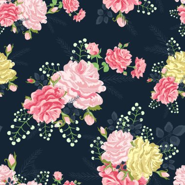 Koyu gri arka plan üzerinde pembe, kırmızı veya sarı güllü güzel seamless modeli. Yaz vektör çizim. Baskı kitap kapakları, tekstil, kumaş, hediye kağıt ambalaj için.