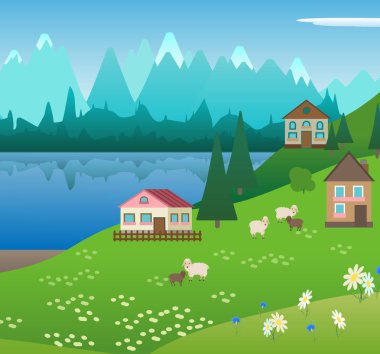 Alp Dağları sessiz bir köyde. Ahşap evler, yaz yatay. Çiftlikte koyun. Vektör çizim. Dağ zirveleri ve woods. Rekreasyon turistler için.