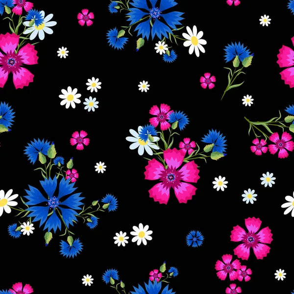 Küçük ve büyük beyaz papatyalar, pembe karanfil ve mavi Peygamber siyah bir arka plan ile Seamless modeli. Vahşi, çiçekler. Yaz vektör çizim. Yazdırmak için kağıt ambalaj kumaş, tekstil,.