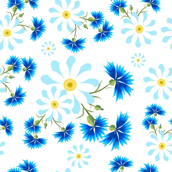 Nahtloses Muster Mit Kleinen Und Großen Weißen Gänseblümchen Und Blauen — Stockvektor