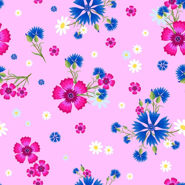 Seamless Pattern Small Big White Daisies Carnation Blue Cornflowers Pink — стоковый вектор