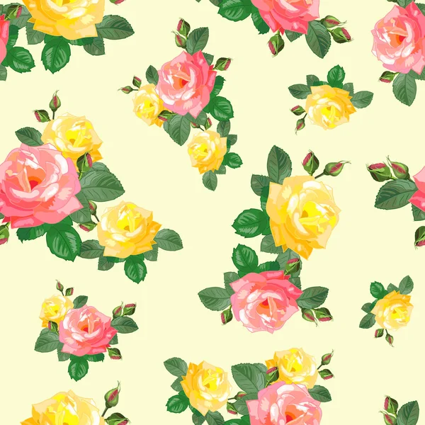 buket. Güzel Dikişsiz desen gül üzerinde sarı bir arka plan ile. Vektör çizim shabby chic tarzı. Baskı kitap kapakları, tekstil, kumaş, hediye kağıt ambalaj için