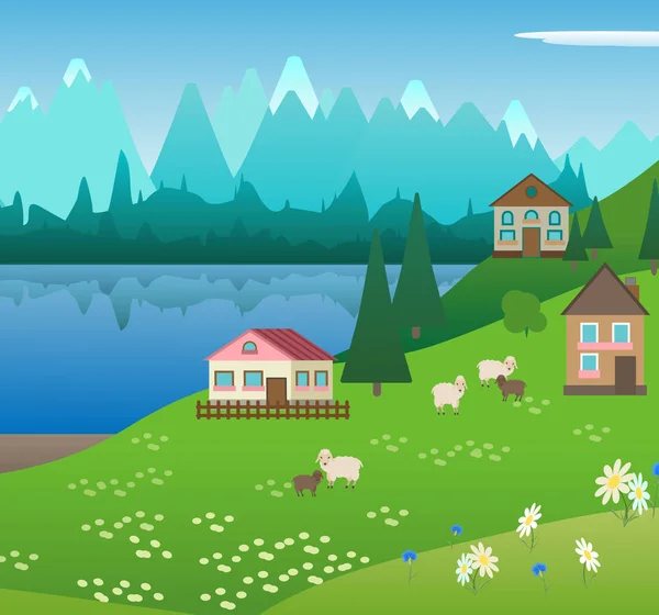 Alp Dağları sessiz bir köyde. Ahşap evler, yaz yatay. Çiftlikte koyun. Vektör çizim. Dağ zirveleri ve woods. Rekreasyon turistler için.