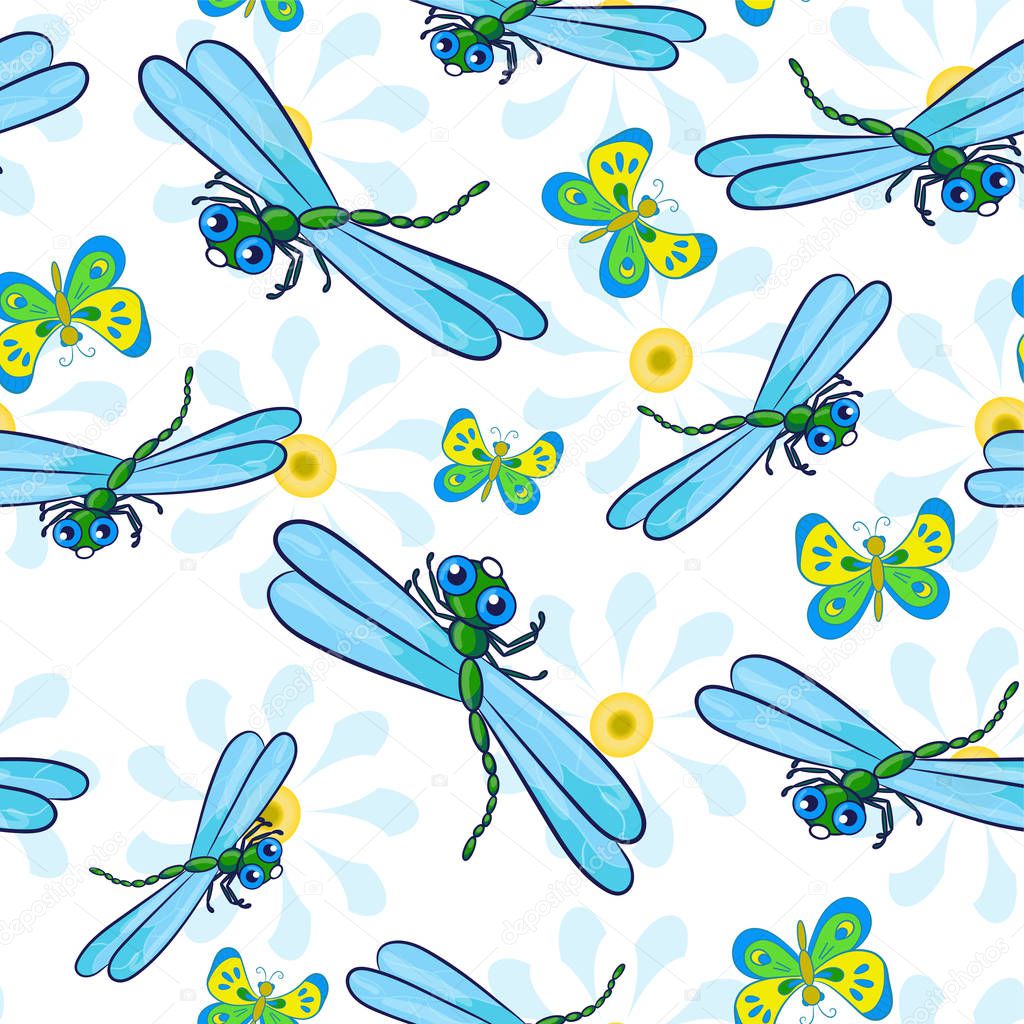 Bright seamless pattern with colorful dragonfly, butterflies,chamomile flowers, on a white background.Cheerful vector illustration on the theme of summer.Can be used in greeting cards,textiles and paper.