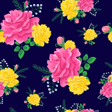 Koyu mavi zemin üzerine pembe ve sarı güllü güzel seamless modeli. Yaz vektör çizim shabby chic tarzı. Baskı kitap kapakları, tekstil, kumaş, hediye kağıt ambalaj için