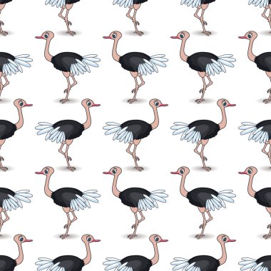 Çizgi film devekuşu tüyleri ile. Beyaz bir arka plan üzerinde Afrika kuş. Seamless modeli. Vektör çizim çocuklar için. Tekstil, kağıt, scrapbooking veya duvar kağıtları için yazdırma.
