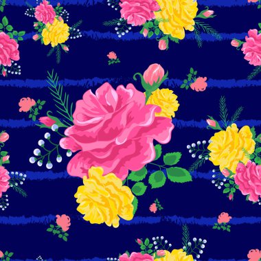 Seamless modeli pembe güzel gül ve yaprakları koyu mavi çizgili deniz arka plan üzerinde. Yaz illüstrasyon. Güzel baskı kitap kapakları, tekstil, kumaş, ambalaj kağıdı, scrapbooking için. Vektör