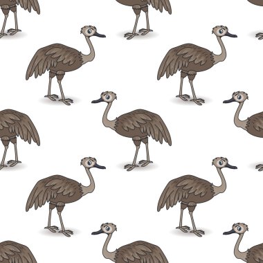 Çizgi film devekuşu tüyleri ile. Avustralya kuş. Seamless modeli. Beyaz bir arka plan izole görüntü. Vektör çizim çocuklar için. Baskı Tekstil, kağıt, scrapbooking, duvar kağıtları için.