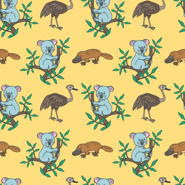 Platypus Ostrich Koala Eucalyptus Ágai Ausztrál Állat Vektoros Illusztráció Gyermekek — Stock Vector