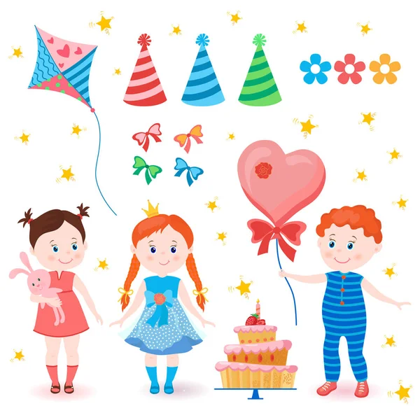 Kutlama küme. Doğum günü partisi. Mutlu çocuk tatil. Parlak balonlar, uçurtma, bir pasta, tatil kapaklar, çiçekler, yay, rol aldı saçlı boygirl