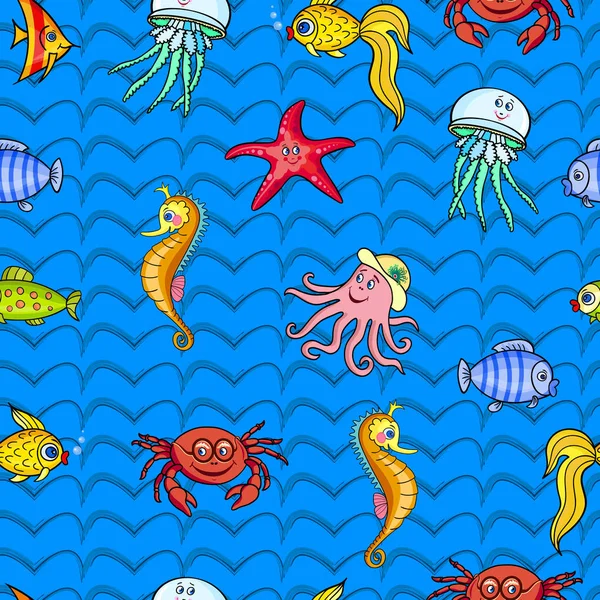 Nautical Seamless Pattern Different Fish Blue Striped Background Marine Life — Stock Vector