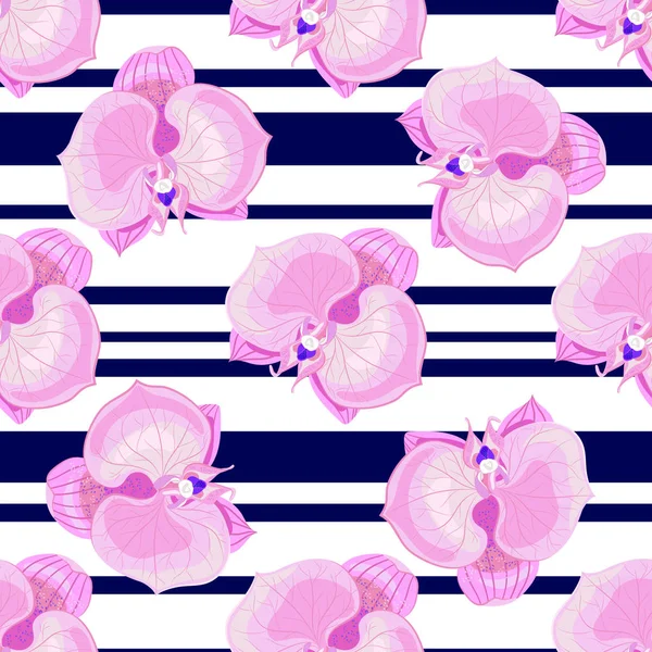 Orchid flowers on white-black striped background.Seamless pattern.Vector botanical illustration.Pink exotic flower.Tropical plant.Print for book covers,textile,fabric,wrapping paper,scrapbooking.