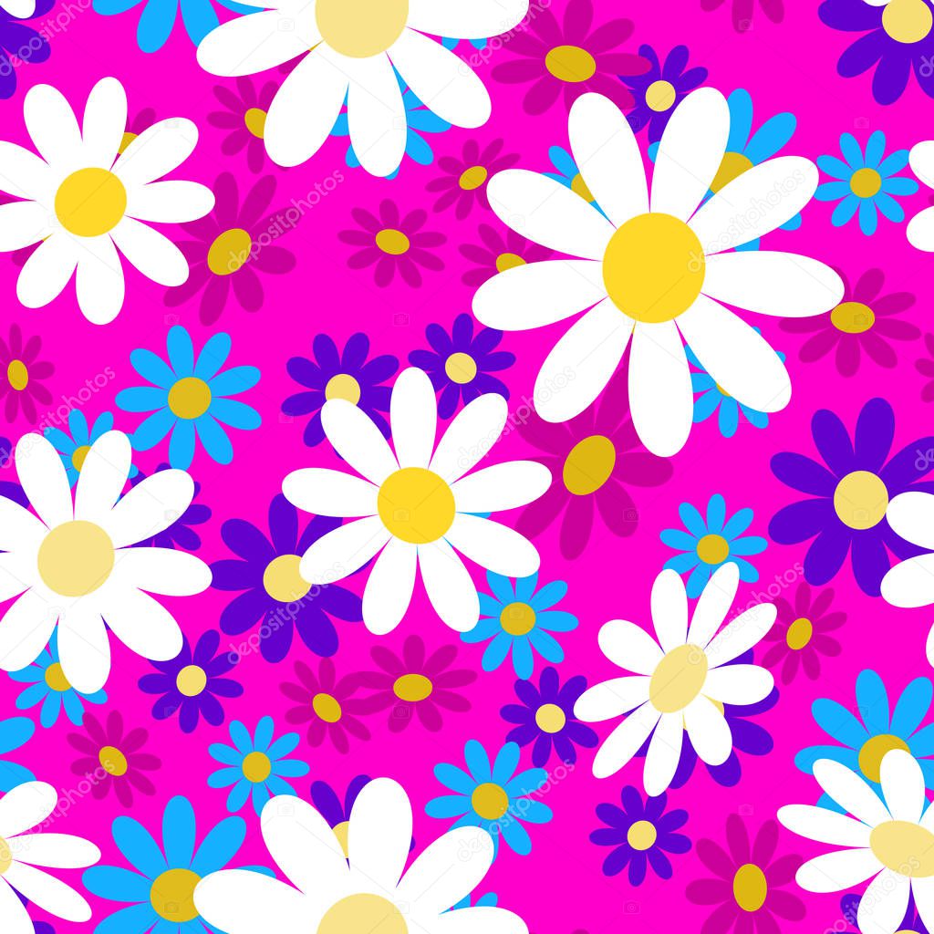 Cute abstract seamless pattern with small colorful chamomile flowers on the pink background. Summer floral vector illustration.Template for fashion prints,textile,fabric, wrapping gift paper.