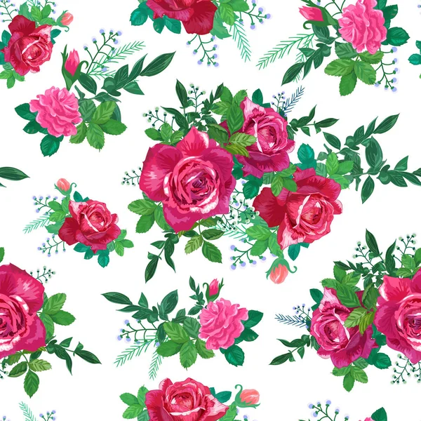Vacker Sömlös Blommönster Röd Rosa Rosor Med Gröna Blad Vit — Stock vektor