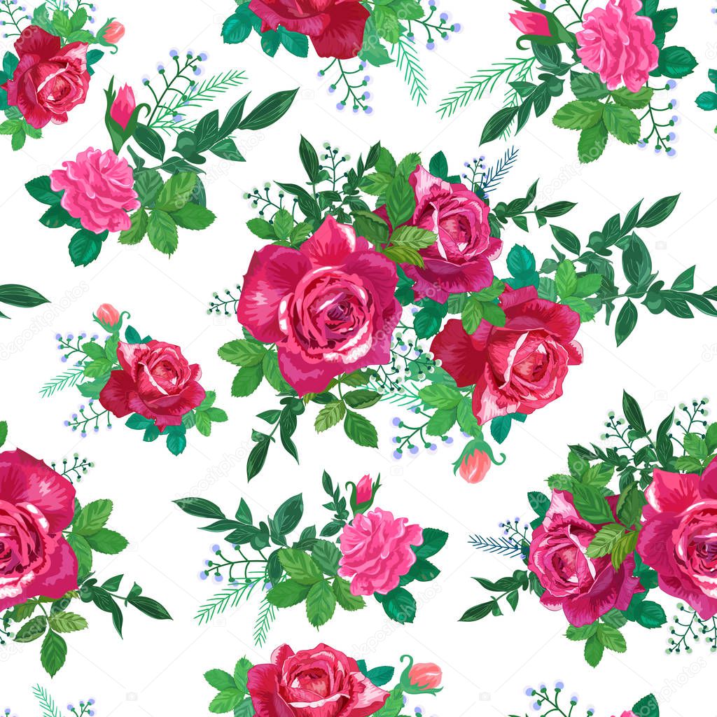 Beautiful floral seamless pattern.Red ,pink roses with green leaves on white background.Botanical vector illustration. Suitable for fabrics, textiles, wallpaper, scrapbooking.