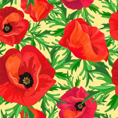 Kırmızı haşhaş ve sarı zemin üzerine yeşil yaprakları. Büyük parlak çiçekler ile çiçek seamless modeli. Yaz vektör çizim yazdırma Tekstil, kumaş, kağıt ambalaj için.