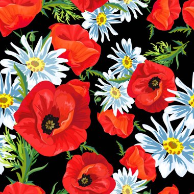 Kırmızı poppies, beyaz papatya çiçeği ile Seamless modeli