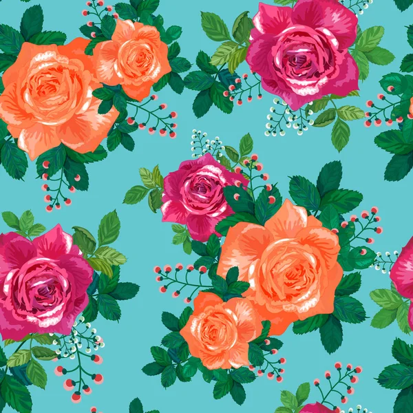 Hermoso patrón floral sin costuras. Rosas rojas, naranjas con hojas — Vector de stock