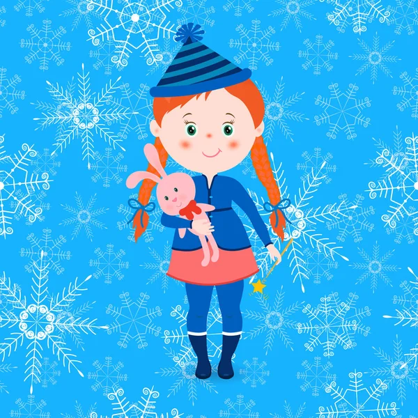 Invierno año nuevo tarjeta de felicitación.Linda niña con el pelo rojo y conejo rosa . — Archivo Imágenes Vectoriales