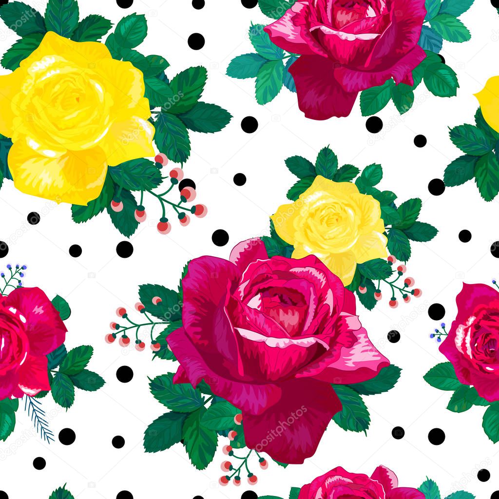 Seamless pattern with beautiful red yellow roses and black dots