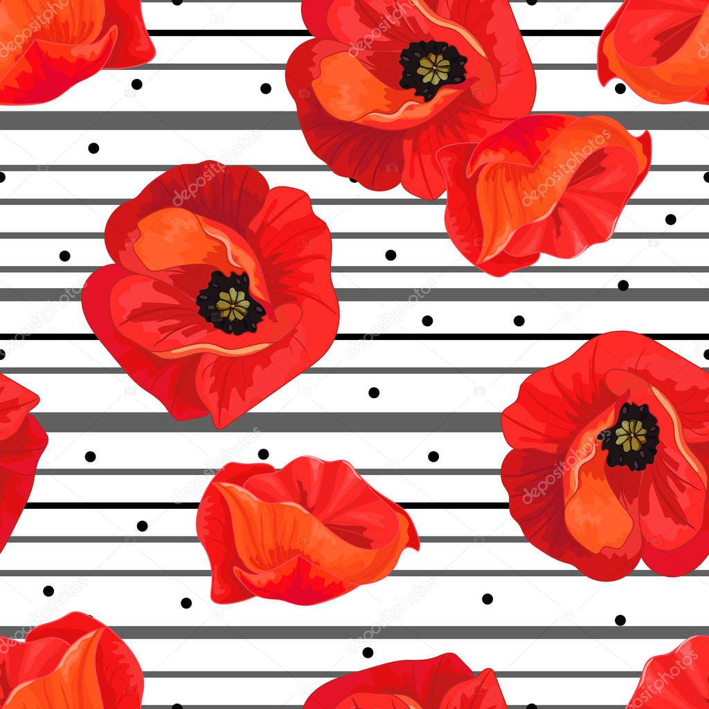 Red poppies on a white background with black stripes.