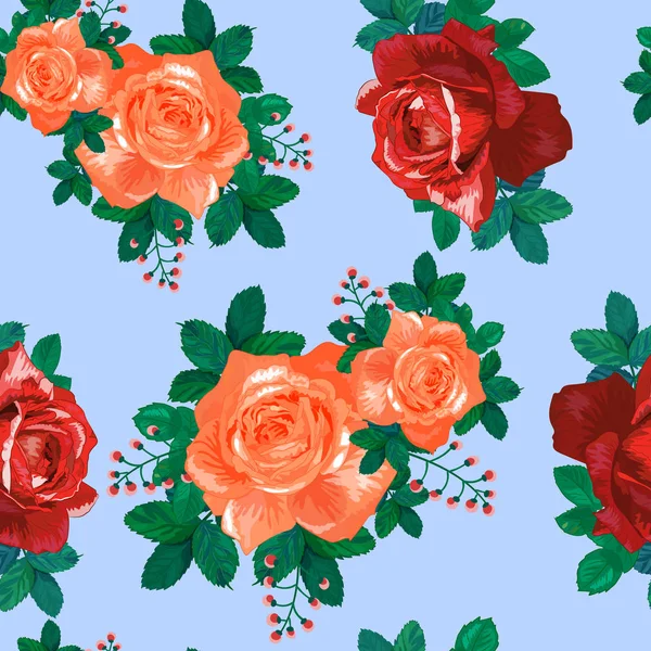 Hermoso patrón sin costura floral.Rosas rojas, naranjas con hojas verdes — Vector de stock
