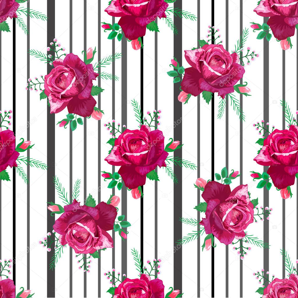 Seamless pattern with red roses and vertical black,gray stripes. Vector illustration.