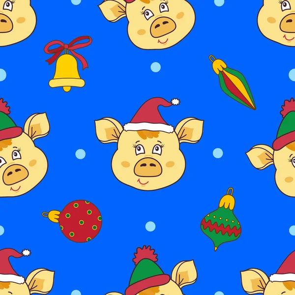 Új év varrat nélküli mintát a sárga sertés fase és a karácsonyi játék, a harangok — Stock Vector
