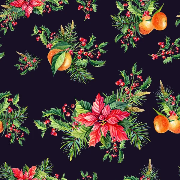 Christmas watercolor seamless pattern. Red poinsettia flowers,tangerineHolly, — Stock Photo, Image